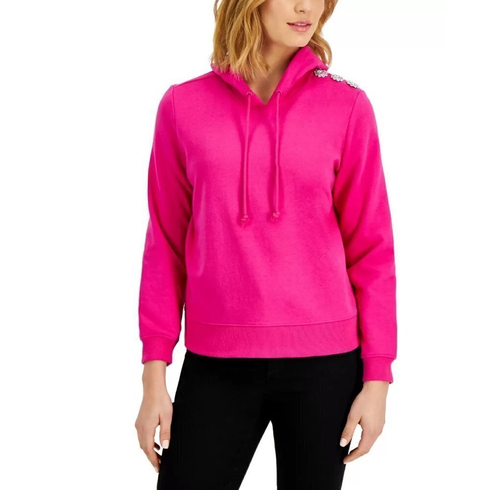Charter Club Women Medium Rhinestone Button Trim Hoodie Sweatshirt Pink Tutu $69